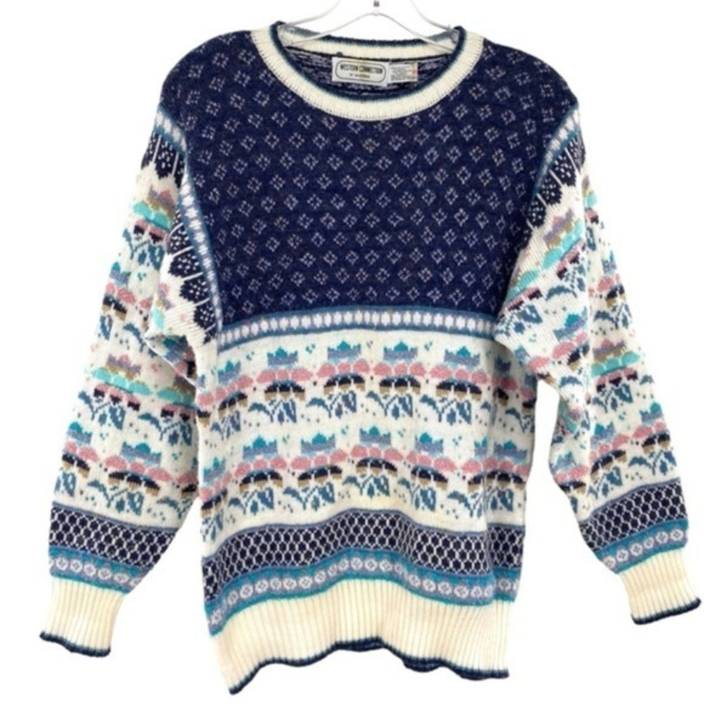Vintage Western Connection Wool Acrylic Fair Isle Cable Knit Sweater